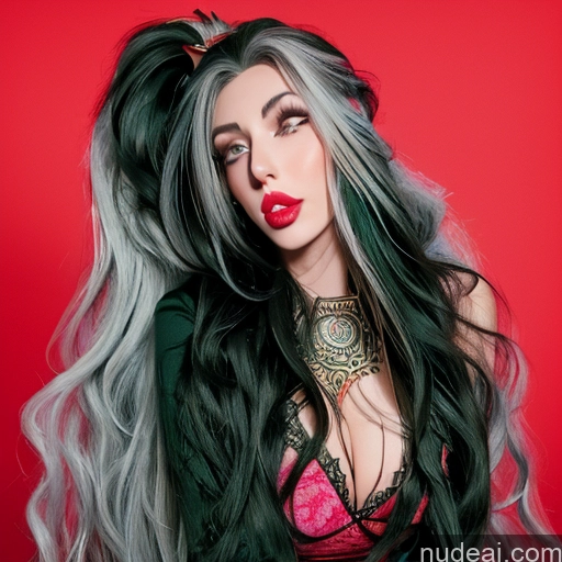 Model Several Huge Boobs Perfect Boobs Lipstick Long Hair 20s Ahegao Green Hair Straight Latina Club Front View T-pose Clown Topless