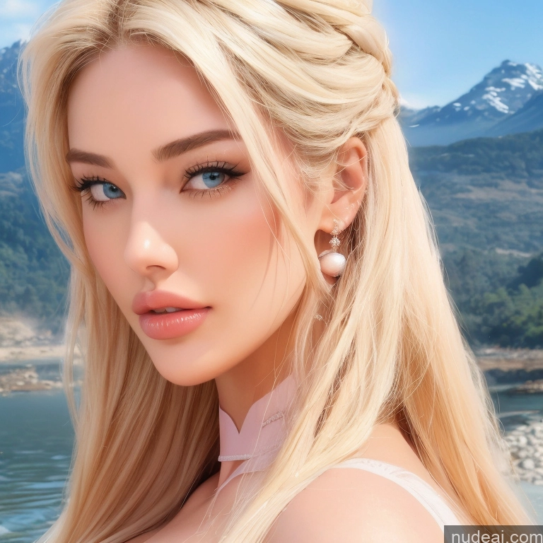 ai nude image of pics of Bimbo Several Huge Boobs Busty 30s Pouting Lips Blonde Straight Brazilian Scandinavian Soft + Warm Front View T-pose Nude Detailed Mountains Lake Meadow Side View Two