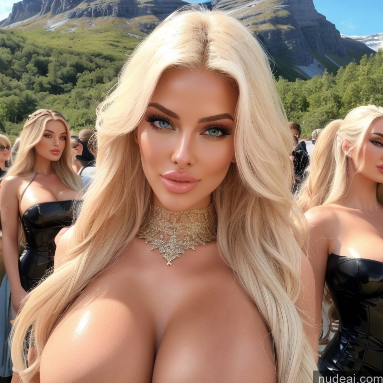 ai nude image of pics of Bimbo Several Huge Boobs Busty 30s Pouting Lips Blonde Straight Brazilian Scandinavian Soft + Warm Front View T-pose Nude Detailed Mountains Lake Meadow Side View Two