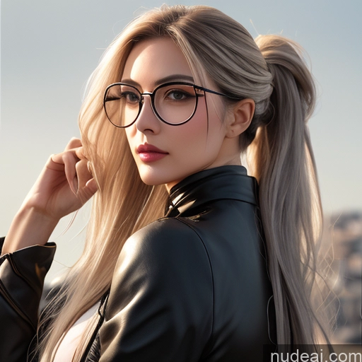 Woman Milf Athlete One Perfect Boobs Beautiful Glasses Perfect Body Long Hair 60s Serious Blonde White Hair Braided Hungarian Italian Leather Jacket Mini Skirt Cleavage Back View