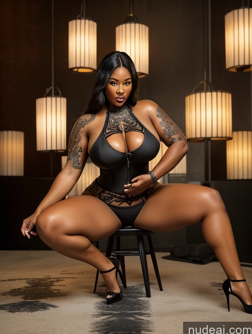 ai nude image of there is a woman sitting on a chair in a black bodysuit pics of Huge Boobs Tattoos Big Ass Oiled Body Chubby Thick Woman Black Hair Bobcut Laughing Black One 50s Dark Skin Big Hips Long Legs Transparent Detailed African Hell Devil Bimbo