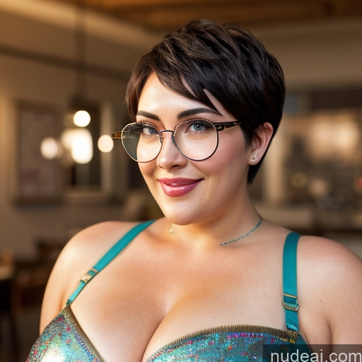 Two Huge Boobs Glasses Chubby Big Hips Short Short Hair 40s Happy Pixie Beach Bikini T-pose Satin