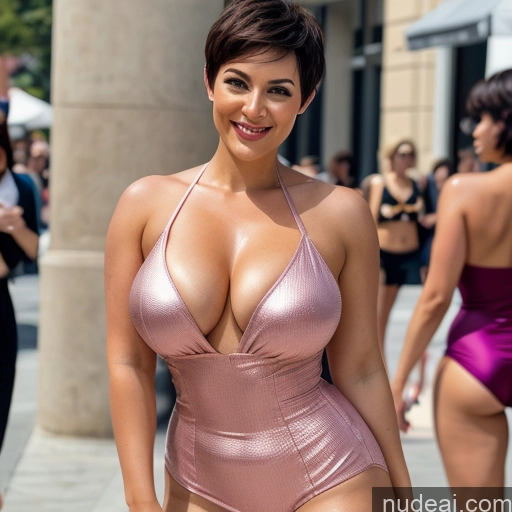 Two Huge Boobs Big Hips Short Short Hair 40s Happy Pixie Beach Bikini T-pose Satin Thick