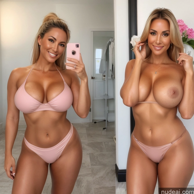 ai nude image of arafed woman in a pink bikini taking a selfie in a mirror pics of Milf Two Busty Huge Boobs 40s Happy Blonde Ponytail White Bedroom Front View T-pose Cleavage Topless Yoga Pants Detailed Mirror Selfie Tanned Skin