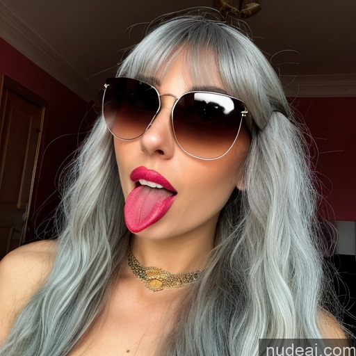 ai nude image of pics of White Hair Bangs 18 Lipstick Skinny Sunglasses Long Hair Short One Model Latina Blowjob Back View Nude Hat High Heels Fishnet Gold Jewelry Ahegao