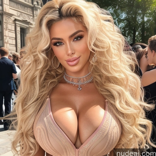 ai nude image of pics of Bimbo Busty Huge Boobs Skinny Short Pubic Hair Curly Hair 30s Happy Blonde Scandinavian Swedish Front View Nude Choker High Heels Cleavage Jewelry Bright Lighting Detailed Two Several Tent Woman