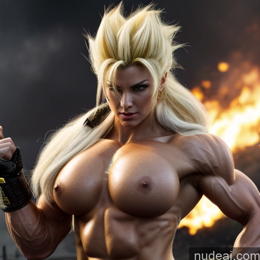 Super Saiyan Neon Lights Clothes: Yellow Busty Muscular Abs Woman Front View Two Battlefield