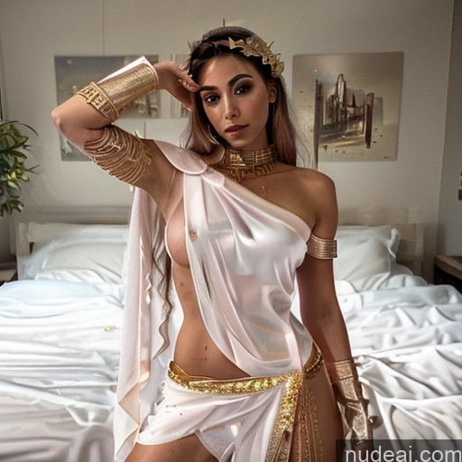 Neon Lights Clothes: Purple Nude Menstoga, White Robes, In White And Gold Costumem, Gold Headpiece, Gold Belt, Gold Chain