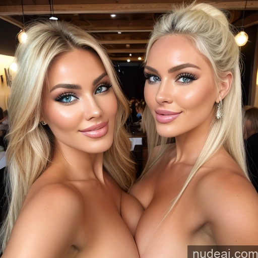 related ai porn images free for Two Miss Universe Model Busty Huge Boobs Happy Blonde Straight Scandinavian Bedroom Front View Back View T-pose Topless Bright Lighting Detailed Nude Bimbo 40s Woman