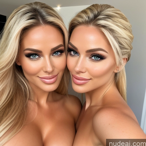 related ai porn images free for Two Miss Universe Model Busty Huge Boobs Happy Blonde Straight Scandinavian Bedroom Front View Back View T-pose Topless Bright Lighting Detailed Nude Bimbo 40s Woman