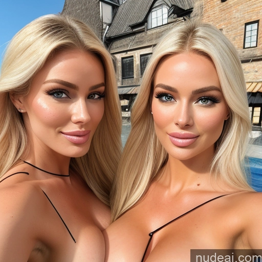 ai nude image of pics of Two Miss Universe Model Busty Huge Boobs Happy Blonde Straight Scandinavian Bedroom Front View Back View T-pose Topless Bright Lighting Detailed Nude Bimbo 40s Woman