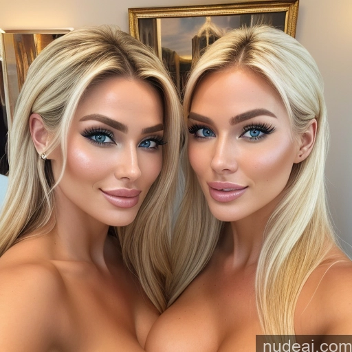 related ai porn images free for Two Miss Universe Model Busty Huge Boobs Happy Blonde Straight Scandinavian Bedroom Front View Back View T-pose Topless Bright Lighting Detailed Nude Bimbo 40s Woman