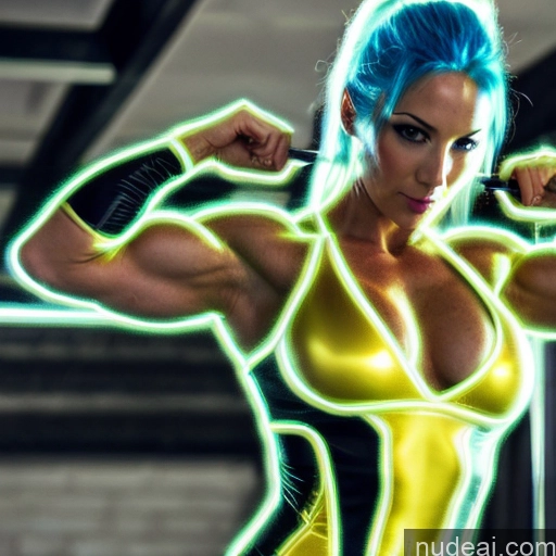 ai nude image of pics of Superhero Woman Muscular Abs Front View Neon Lights Clothes: Blue Cosplay Spandex Blue Hair Blonde Neon Lights Clothes: Yellow Busty Halloween Vampire Super Saiyan