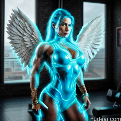 ai nude image of pics of Superhero Woman Busty Muscular Abs Deep Blue Eyes Blue Hair Neon Lights Clothes: Blue Front View Has Wings Angel Battlefield Bodybuilder