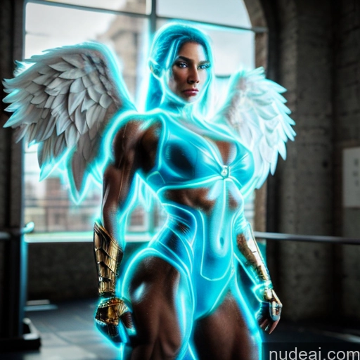 related ai porn images free for Superhero Woman Busty Muscular Abs Deep Blue Eyes Blue Hair Neon Lights Clothes: Blue Front View Has Wings Angel Battlefield Bodybuilder Science Fiction Style