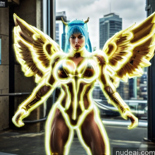 ai nude image of pics of Woman Busty Muscular Abs Front View Has Wings Angel Fantasy Armor Viking Bodybuilder Perfect Boobs Detailed Blue Hair Neon Lights Clothes: Blue Gold Jewelry Neon Lights Clothes: Yellow Blonde SuperMecha: A-Mecha Musume A素体机娘