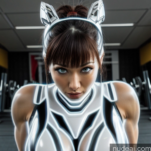 Cyborg Woman Bodybuilder Busty Bobcut Asian Latina Neon Lights Clothes: Purple Front View SuperMecha: A-Mecha Musume A素体机娘 Neon Lights Clothes: Blue