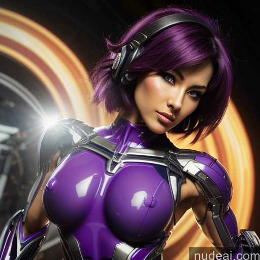 ai nude image of pics of Cyborg Woman Bobcut Asian Latina Neon Lights Clothes: Purple Front View Black Hair Purple Hair Mech Suit Sci-fi Armor Bodybuilder Busty Space Suit Abs SuperMecha: A-Mecha Musume A素体机娘 Battlefield