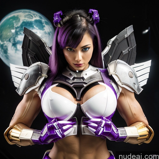 ai nude image of pics of Cyborg Woman Bobcut Asian Latina Front View Black Hair Purple Hair Mech Suit Sci-fi Armor Bodybuilder Busty Space Suit Abs SuperMecha: A-Mecha Musume A素体机娘 Angel Has Wings Neon Lights Clothes: Purple