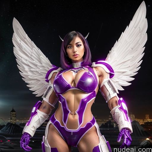 ai nude image of pics of Cyborg Woman Bobcut Asian Latina Front View Black Hair Purple Hair Mech Suit Sci-fi Armor Bodybuilder Busty Space Suit Abs SuperMecha: A-Mecha Musume A素体机娘 Angel Has Wings Neon Lights Clothes: Purple