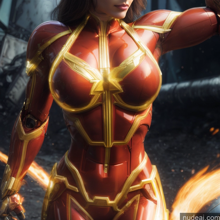 Captain Marvel Busty Abs Front View Woman Neon Lights Clothes: Yellow Bodybuilder SuperMecha: A-Mecha Musume A素体机娘 Battlefield