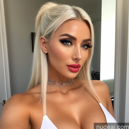 ai nude image of pics of Woman Bimbo One Beautiful Lipstick Big Ass Big Hips Long Legs Tall Fairer Skin 30s Serious Seductive Blonde White Hair Pixie Arabic Mirror Selfie Bathroom Front View Bikini Bright Lighting Detailed