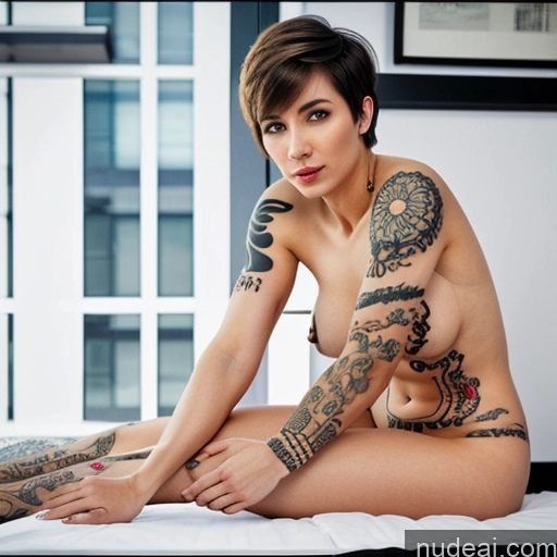 ai nude image of arafed woman with tattoos sitting on a bed with a white sheet pics of Woman 60s Nude Bangs Straight White One Small Tits Tattoos Small Ass Skinny Pubic Hair Fairer Skin Short Hair Blonde Front View Spreading Legs