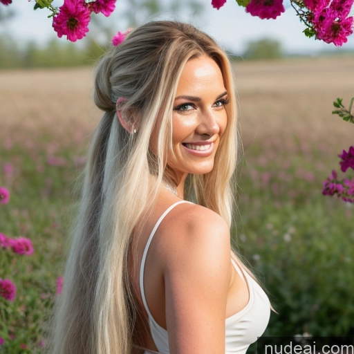 ai nude image of blonde woman with long hair in a white dress standing in a field of flowers pics of 40s Happy Orgasm Sexy Face Blonde Ponytail Messy Straight Scandinavian Swedish Two Huge Boobs Busty Long Hair Milf Illustration Yoga Pants Cleavage Topless T-pose Front View Full Frontal Beautiful Nude Bright Lighting Meadow