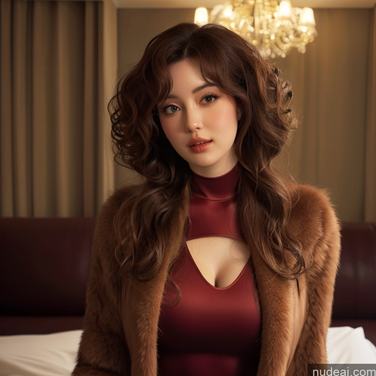 ai nude image of araffe woman in a red dress and fur coat sitting on a bed pics of Perfect Boobs High Class Escort Girl Messy Curly Hair Master Bobcut