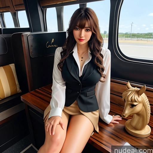 ai nude image of woman sitting on a bench in a train with a horse head pics of Bangs Wavy Hair Flight Attendant Wooden Horse Looking At Sky