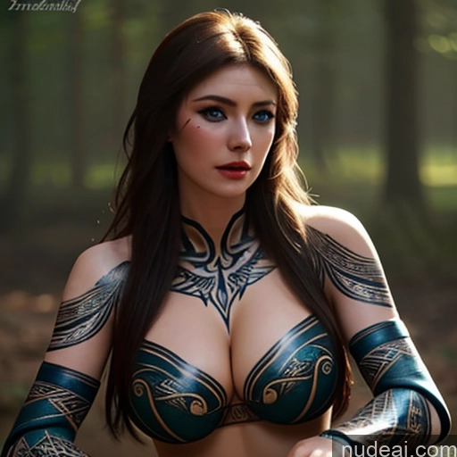 ai nude image of arafed woman in a blue and black outfit posing for a picture pics of Busty Perfect Boobs Irish German British Tribal Bodypaint White Fantasy Armor Brunette Viking