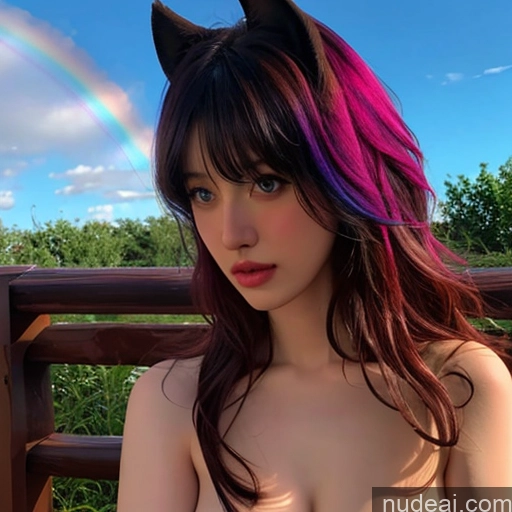 ai nude image of a close up of a woman with a cat ears and a rainbow pics of Bangs Wavy Hair Wooden Horse Rainbow Haired Girl Looking At Sky