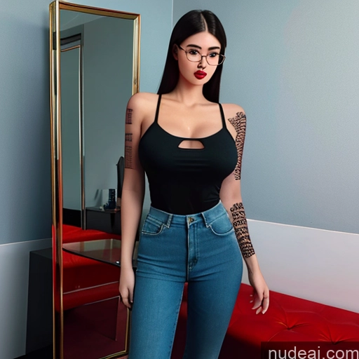 ai nude image of there is a woman standing in front of a mirror wearing a black top pics of Bimbo One Huge Boobs Glasses Tattoos Lipstick Big Ass Thick Long Legs Pubic Hair 40s Sexy Face Brunette Bobcut Mirror Selfie Bedroom Front View Teacher Wine Bright Lighting