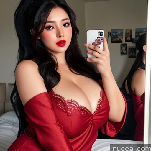 ai nude image of araffe woman in red dress taking a selfie in mirror pics of Woman Milf One Huge Boobs Busty Beautiful Lipstick Thick 30s Seductive Black Hair Messy Indian Mirror Selfie Bedroom Front View Sleeping Cheerleader Cleavage Diamond Jewelry Detailed 40s Chubby Long Hair