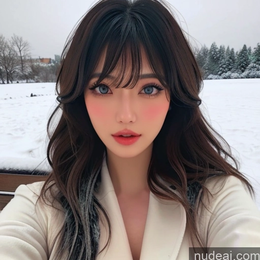 ai nude image of a close up of a woman with long hair and a white jacket pics of Nude Bangs Wavy Hair Snow