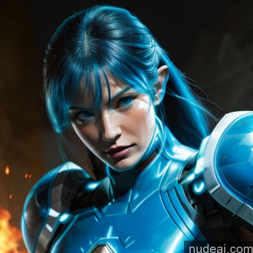 ai nude image of a close up of a woman in a blue suit holding a gun pics of Superhero Captain Marvel Cosplay Woman Busty Perfect Boobs Muscular Abs Bodybuilder Blue Hair Deep Blue Eyes Neon Lights Clothes: Blue SuperMecha: A-Mecha Musume A素体机娘 Battlefield Science Fiction Style Front View