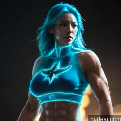 ai nude image of a woman with blue hair and a blue top posing for a picture pics of Superhero Captain Marvel Cosplay Woman Busty Perfect Boobs Muscular Abs Bodybuilder Blue Hair Deep Blue Eyes Neon Lights Clothes: Blue Battlefield Science Fiction Style Front View