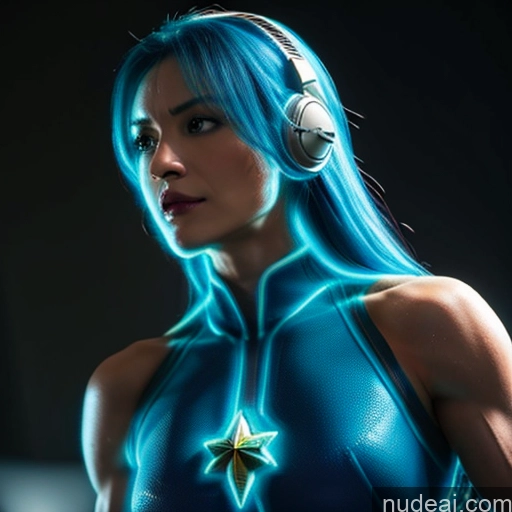 ai nude image of a woman with blue hair wearing headphones and a blue suit pics of Superhero Captain Marvel Cosplay Woman Busty Perfect Boobs Muscular Abs Bodybuilder Blue Hair Deep Blue Eyes Neon Lights Clothes: Blue Battlefield Front View Mecha Musume + Gundam + Mecha Slider