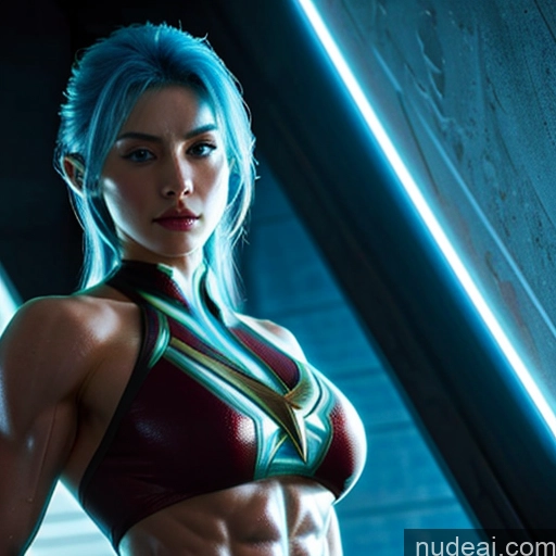 ai nude image of a close up of a person with a body in a bikini pics of Superhero Captain Marvel Cosplay Woman Busty Perfect Boobs Muscular Abs Bodybuilder Blue Hair Deep Blue Eyes Neon Lights Clothes: Blue Front View Cyborg Science Fiction Style