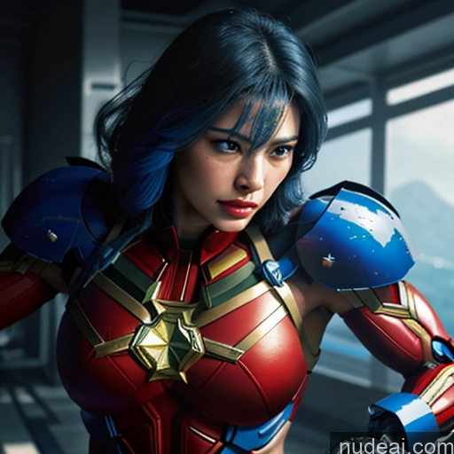 ai nude image of a close up of a woman in a red and blue costume pics of Superhero Captain Marvel Woman Busty Perfect Boobs Muscular Abs Bodybuilder Blue Hair Front View SuperMecha: A-Mecha Musume A素体机娘 Battlefield Science Fiction Style Cyborg