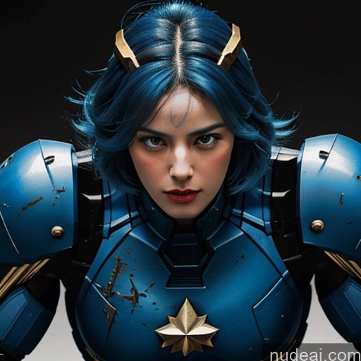 ai nude image of arafed woman in blue costume with blue hair and gold star on chest pics of Superhero Captain Marvel Woman Busty Perfect Boobs Muscular Abs Bodybuilder Blue Hair Front View SuperMecha: A-Mecha Musume A素体机娘 Battlefield Science Fiction Style Cyborg