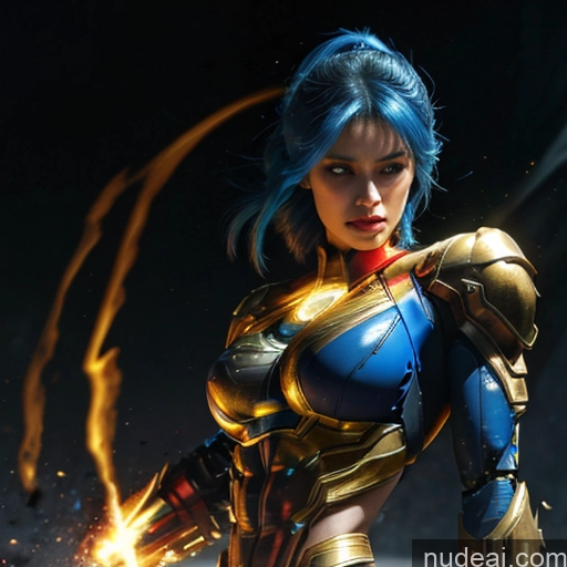 ai nude image of arafed woman in a blue and gold costume with a sword pics of Superhero Captain Marvel Woman Busty Perfect Boobs Muscular Abs Bodybuilder Blue Hair Front View SuperMecha: A-Mecha Musume A素体机娘 Battlefield Science Fiction Style Cyborg Neon Lights Clothes: Yellow Gold Jewelry