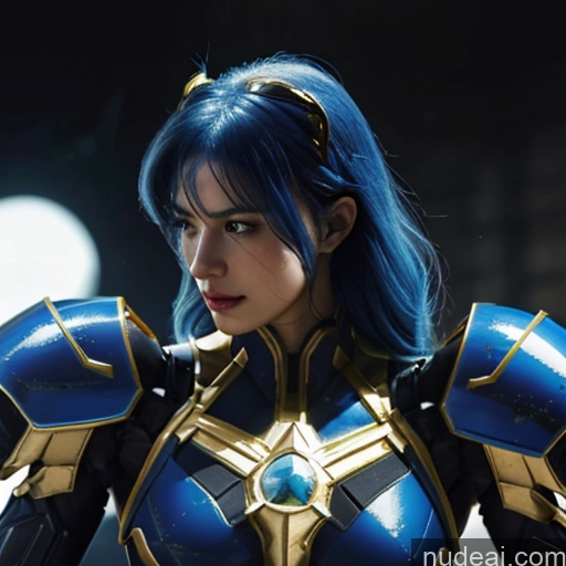 ai nude image of a close up of a woman in armor with blue hair pics of Superhero Captain Marvel Woman Busty Perfect Boobs Muscular Abs Bodybuilder Blue Hair Front View SuperMecha: A-Mecha Musume A素体机娘 Battlefield Science Fiction Style Cyborg Neon Lights Clothes: Yellow Gold Jewelry Neon Lights Clothes: Orange