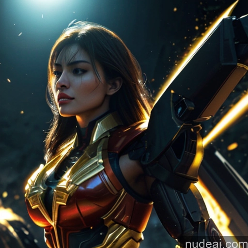 ai nude image of a woman in a costume holding a gun in a dark room pics of Superhero Captain Marvel Woman Busty Perfect Boobs Muscular Abs Bodybuilder Front View SuperMecha: A-Mecha Musume A素体机娘 Battlefield Science Fiction Style Cyborg Neon Lights Clothes: Yellow Gold Jewelry Neon Lights Clothes: Orange