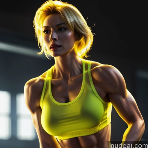 ai nude image of arafed woman in a yellow sports bra top posing for a picture pics of Superhero Captain Marvel Woman Busty Perfect Boobs Muscular Abs Bodybuilder Front View Battlefield Science Fiction Style Cyborg Neon Lights Clothes: Yellow Gold Jewelry Neon Lights Clothes: Orange Super Saiyan Blonde