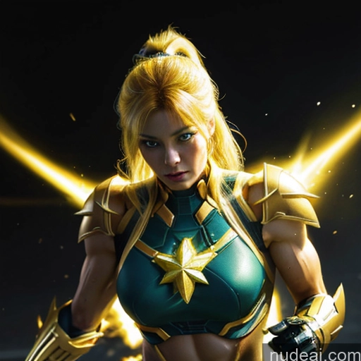 ai nude image of a close up of a woman in a green and gold outfit pics of Superhero Captain Marvel Woman Busty Perfect Boobs Muscular Abs Bodybuilder Front View Battlefield Science Fiction Style Neon Lights Clothes: Yellow Gold Jewelry Neon Lights Clothes: Orange Super Saiyan Blonde SuperMecha: A-Mecha Musume A素体机娘