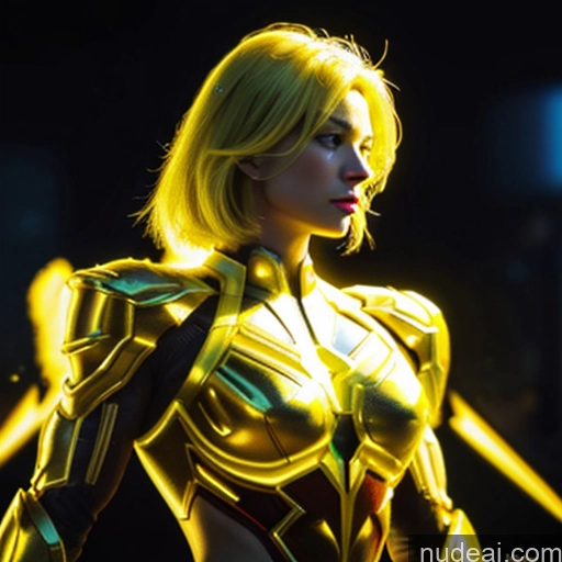 ai nude image of a close up of a woman in a gold suit with a sword pics of Superhero Captain Marvel Woman Busty Perfect Boobs Muscular Abs Bodybuilder Front View Battlefield Science Fiction Style Neon Lights Clothes: Yellow Gold Jewelry Neon Lights Clothes: Orange Super Saiyan Blonde SuperMecha: A-Mecha Musume A素体机娘