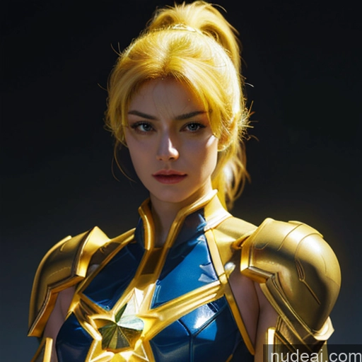 ai nude image of araffe woman in a blue and gold costume posing for a picture pics of Superhero Captain Marvel Woman Busty Perfect Boobs Muscular Abs Bodybuilder Front View Battlefield Science Fiction Style Neon Lights Clothes: Yellow Gold Jewelry Neon Lights Clothes: Orange Super Saiyan Blonde SuperMecha: A-Mecha Musume A素体机娘