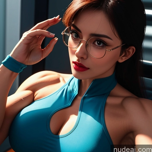 ai nude image of arafed woman in a blue sports bra top and glasses pics of Superhero Captain Marvel Woman Busty Perfect Boobs Muscular Abs Bodybuilder Front View Seductive Irish Persian Glasses Lipstick Ginger Skin Detail (beta) Detailed Cosplay Milf 30s Cyborg