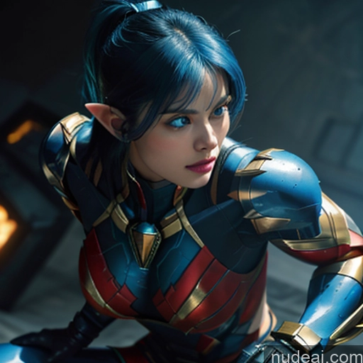 ai nude image of araffed woman in a costume sitting on a ledge pics of Woman Bodybuilder Busty Muscular Abs Perfect Boobs Deep Blue Eyes Blue Hair Skin Detail (beta) Front View Cosplay Superhero Detailed Battlefield SuperMecha: A-Mecha Musume A素体机娘 Captain Marvel